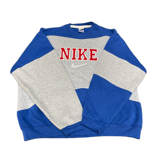 Nike Reworked Sweatshirt Mens L Blue Grey Embroidered Spellout Logo Vintage Y2K