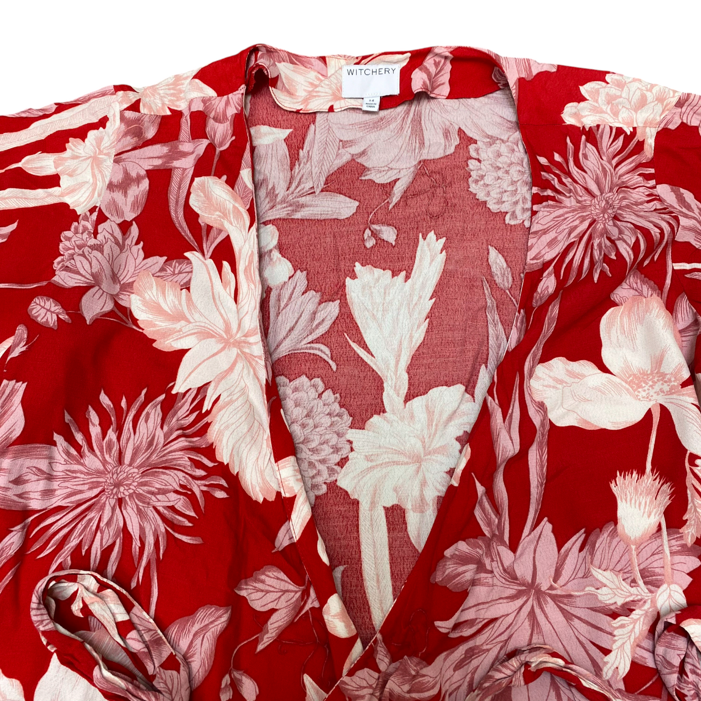 Witchery Blouse Top Womens M Red Floral Short Sleeve V-Neck Tie Front Outdoor