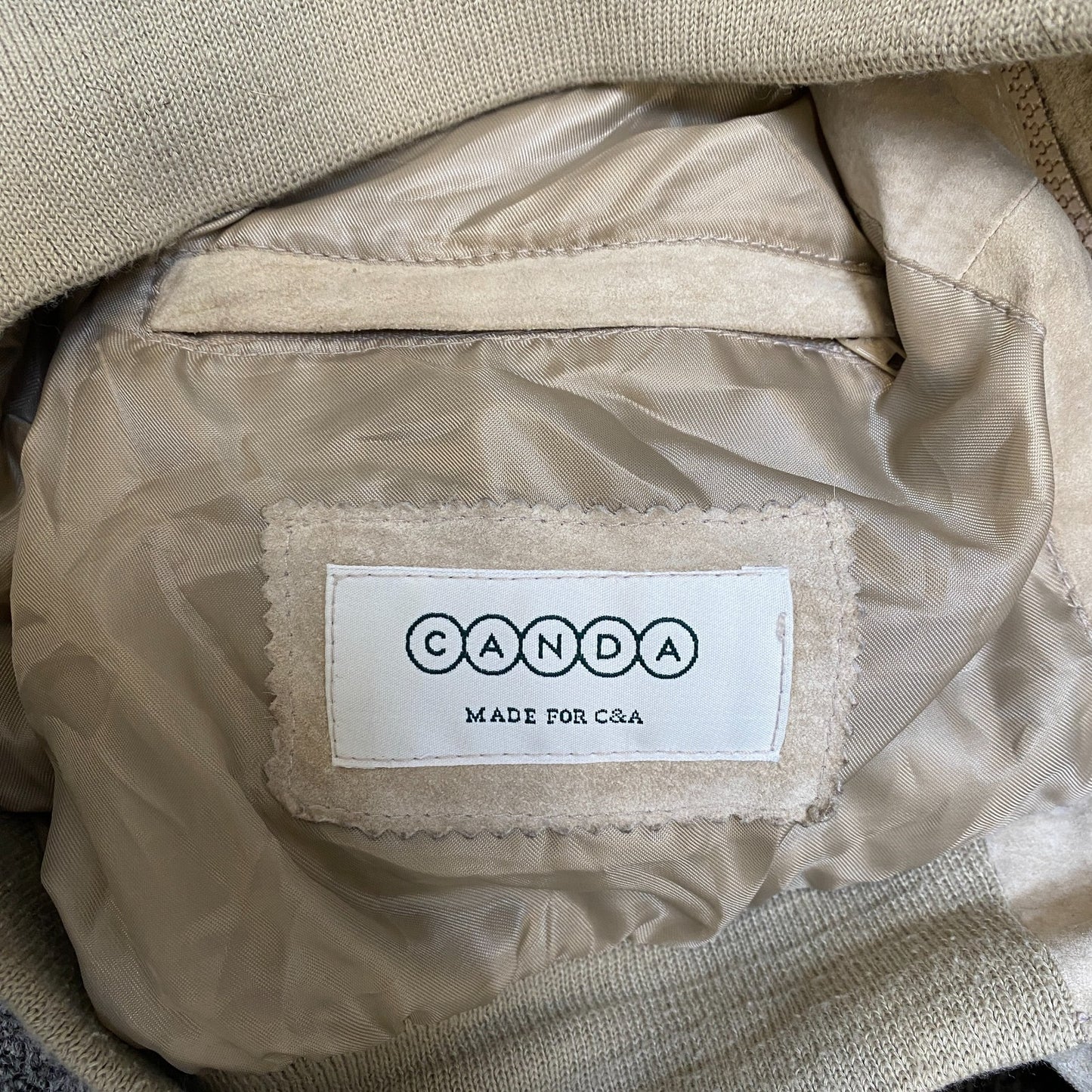 Canda C&A Suede Leather Bomber Jacket Mens Small Beige Lined Collared Full Zip