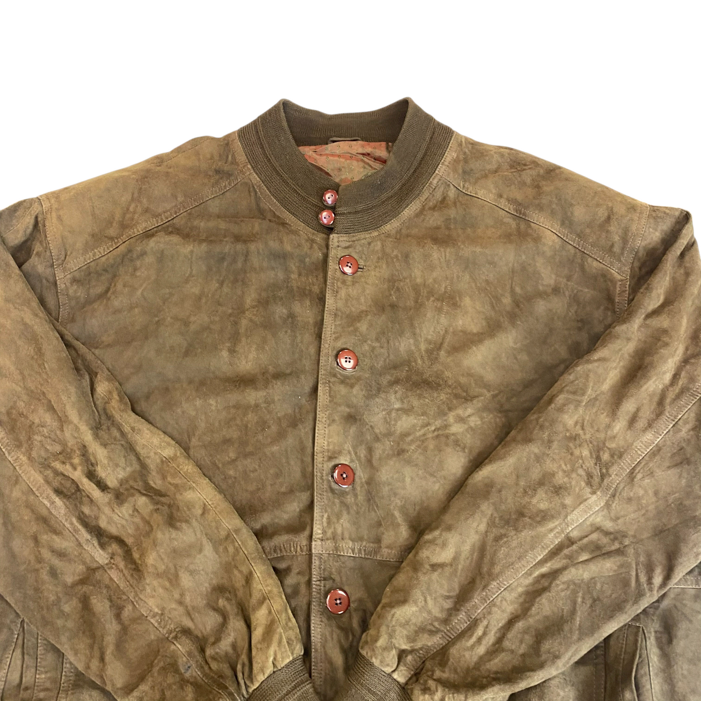 Bomber Jacket Mens XL Green Suede Leather Pockets Long Sleeve Button Front