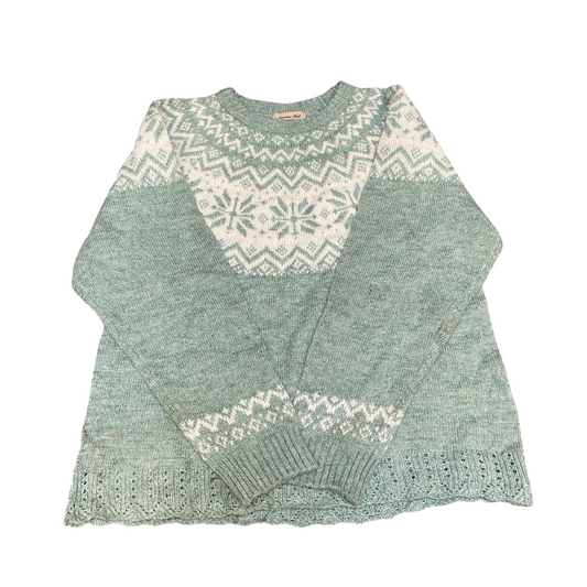 Samansa Mos2 Jumper Womens Medium Green White Fair Isle Long Sleeve Crewneck