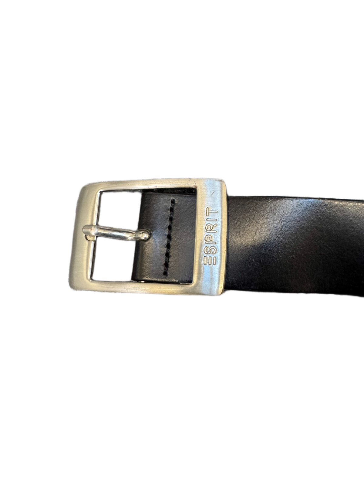 Esprit Waist Belt Womens Black Leather Embossed Logo Silver Pin Buckle 39 inches