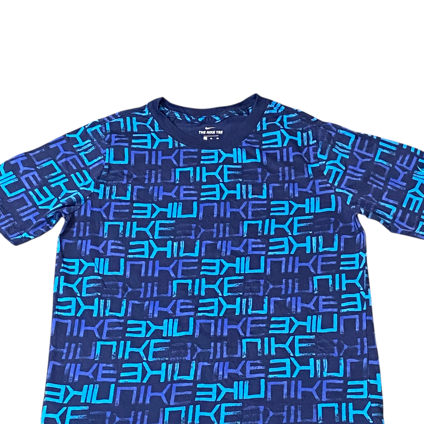 Nike Tee Shirt Womens XL Blue Short Sleeve All Over Nike Print Crewneck Athletic