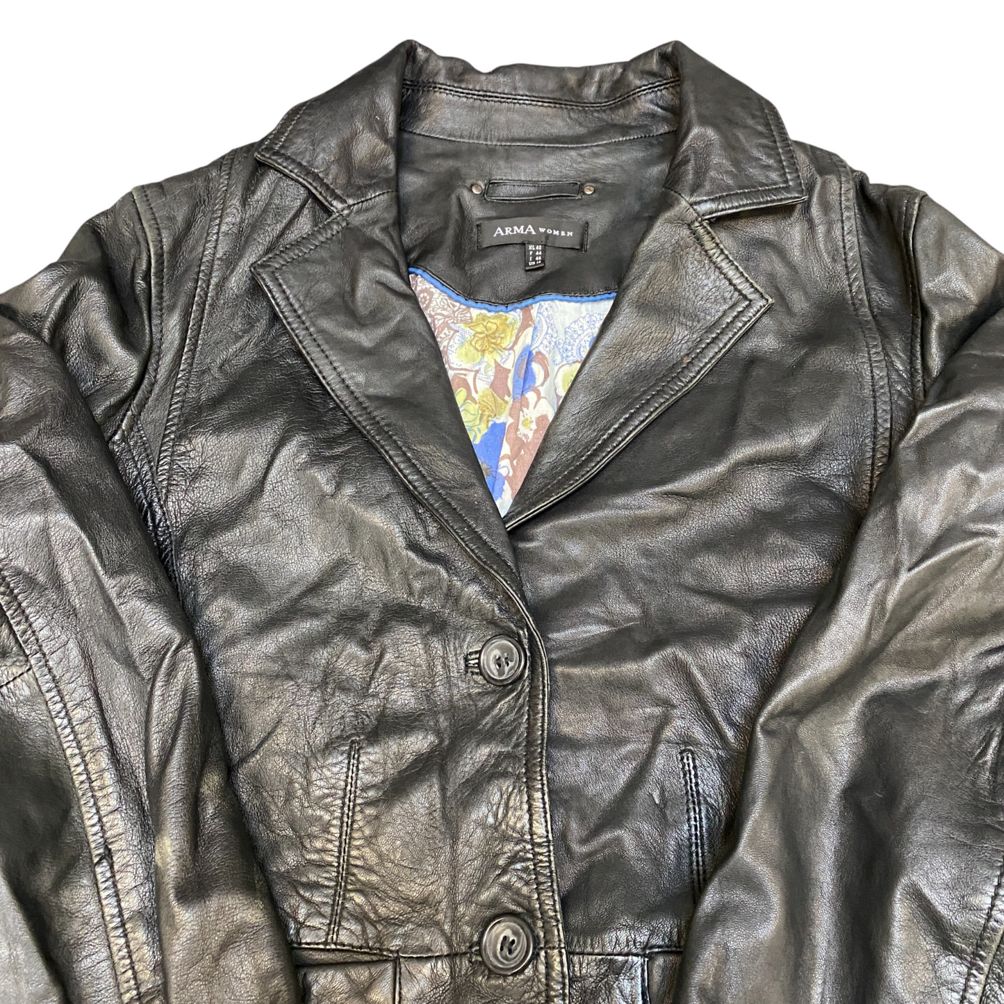 Arma Genuine Leather Blazer Jacket Womens M Black Notch Lapel Single Breasted