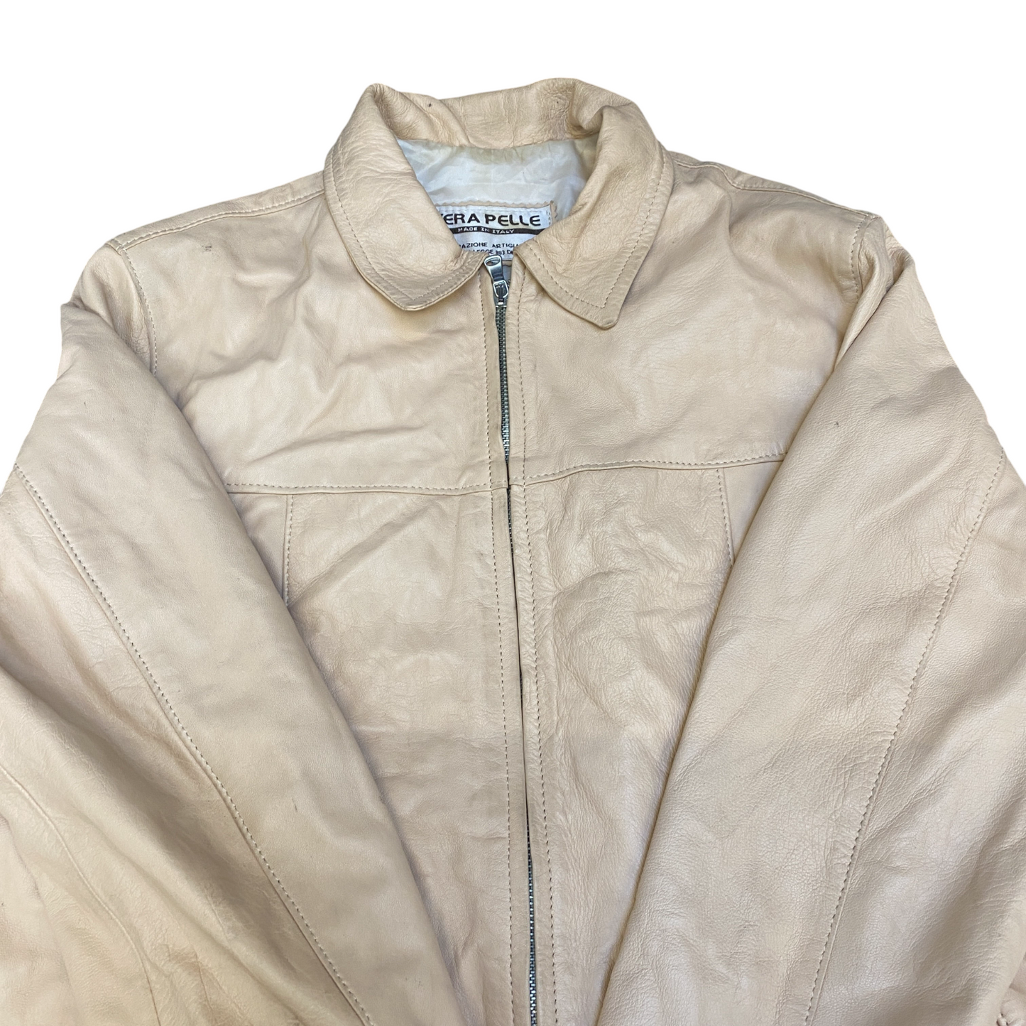 Vera Pelle Leather Jacket Womens XL Beige Lined Long Sleeve Collared Full Zip