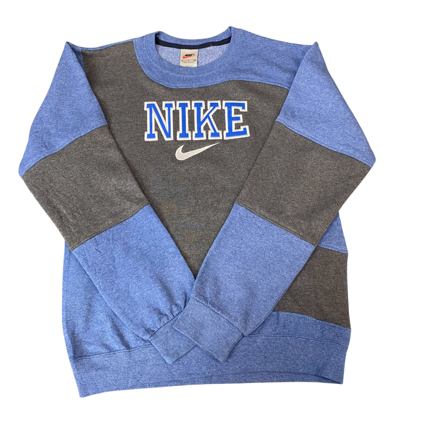 Nike Reworked Sweatshirt Mens S Blue Black Embroidered Spellout Logo Vintage Y2K
