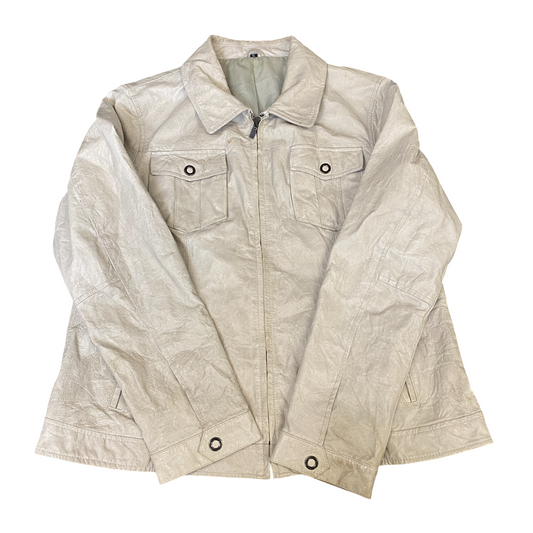 Womens Faux Leather Biker Jacket XL White Lined Long Sleeve Collared Full Zip