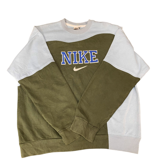 Nike Reworked Sweatshirt Mens L Olive Blue Embroidered Spellout Logo Vintage Y2K