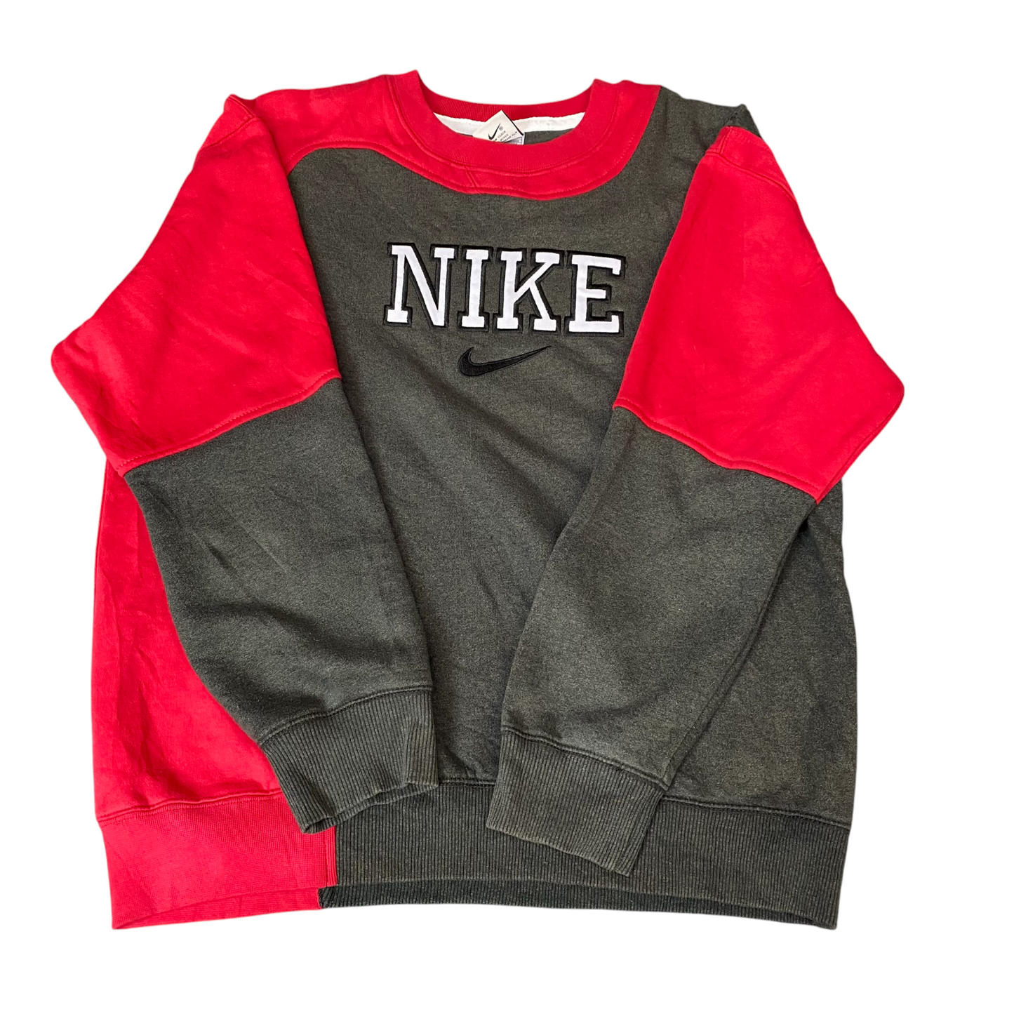 Nike Reworked Sweatshirt Mens Large Red Grey Embroidered Spellout Logo Vtg Y2K