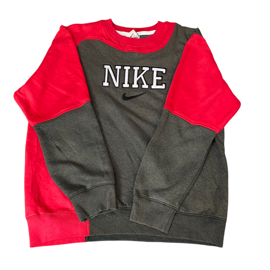 Nike Reworked Sweatshirt Mens Large Red Grey Embroidered Spellout Logo Vtg Y2K