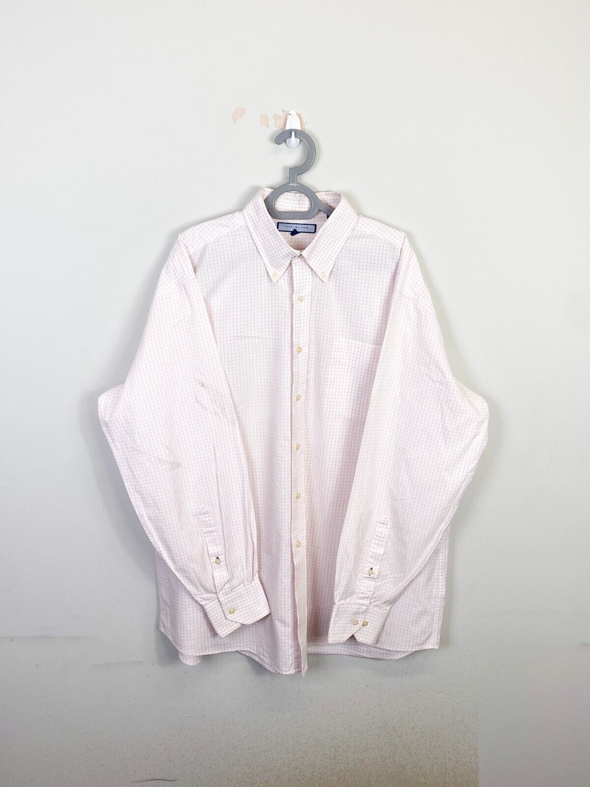 Tommy Hilfiger Shirt Men XL Pink Checkered Long Sleeve Collar Casual Button Down