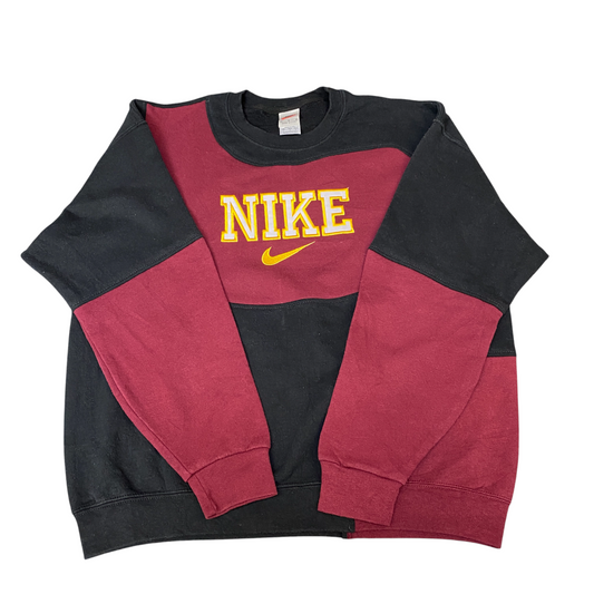 Nike Reworked Sweatshirt Mens L Black Maroon Embroidered Spellout Logo Vtg Y2K