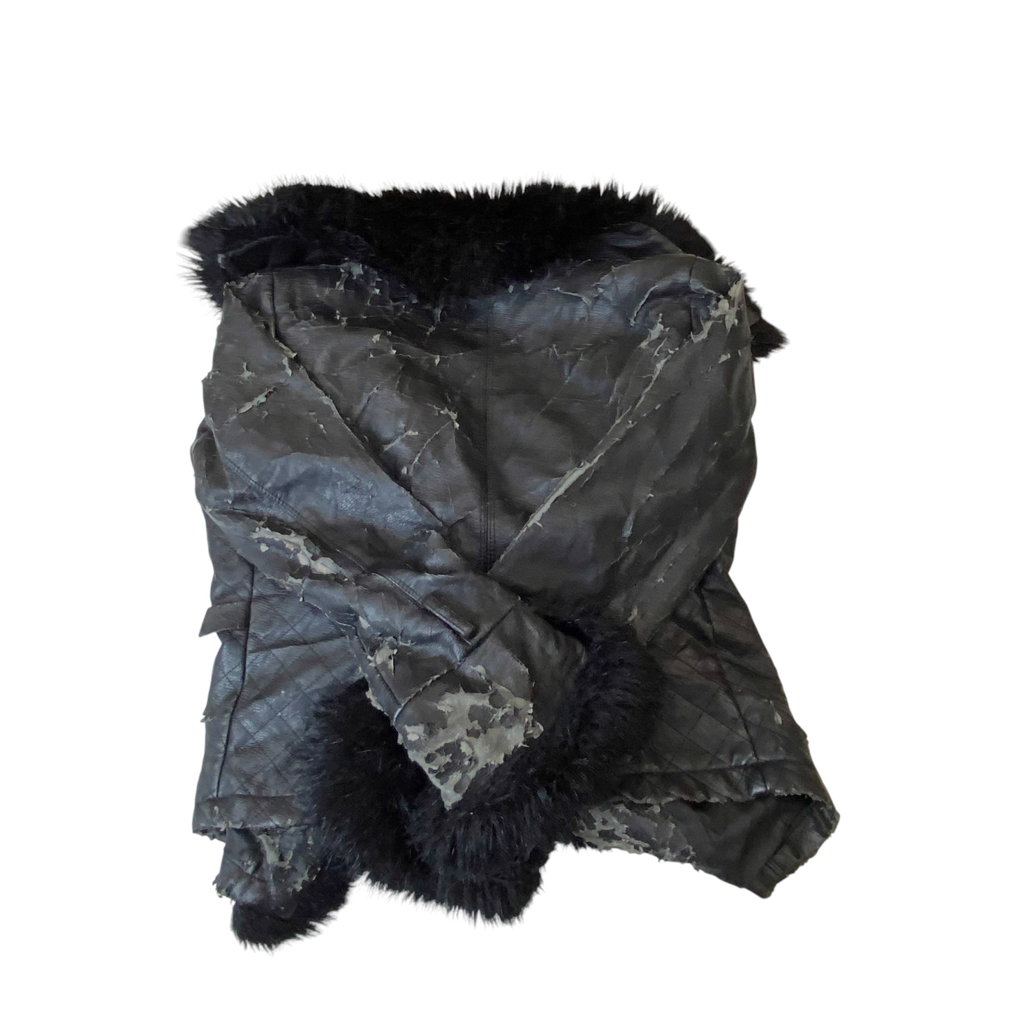 Jacket Womens Medium Black Genuine Leather Fur Edge Long Sleeve Open Front