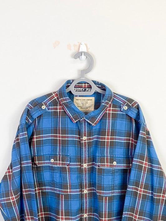 Nautica Shirt Mens XL Blue Plaid Long Sleeve Flap Pockets Collared Button Down