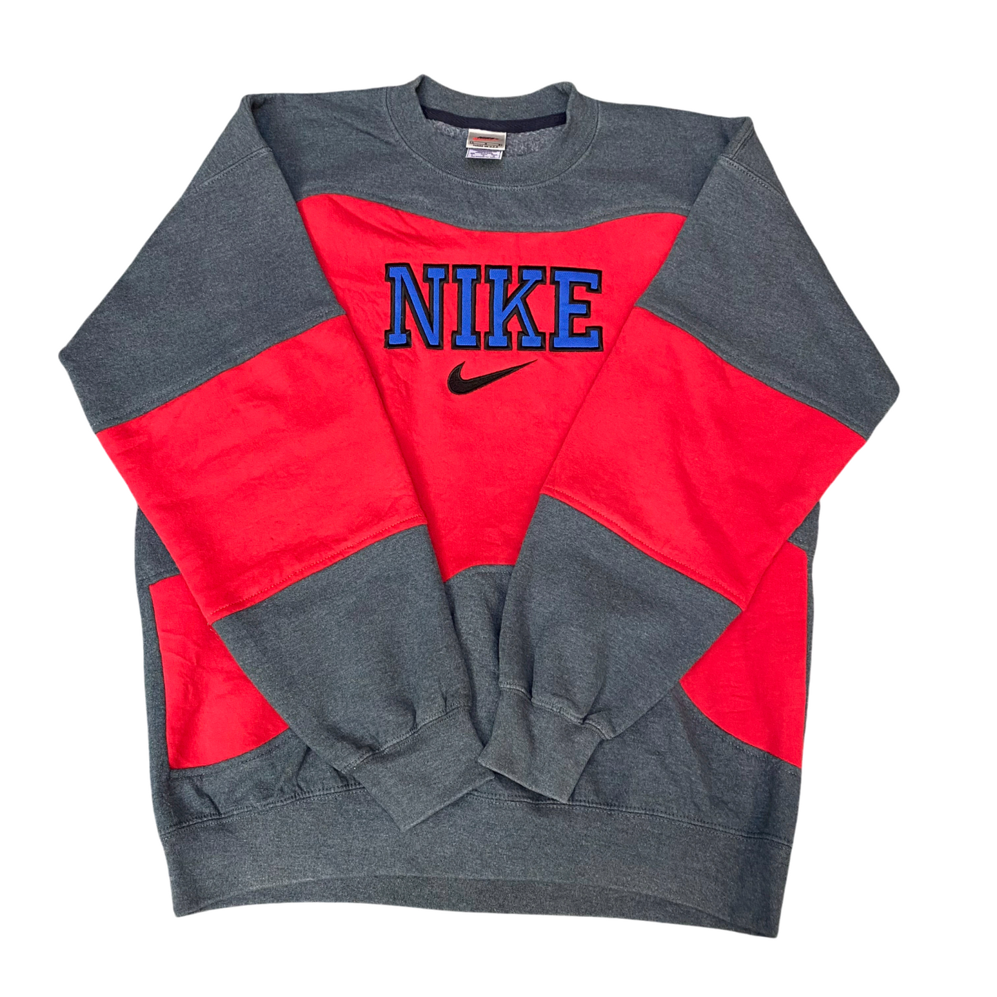 Nike Reworked Sweatshirt Mens Large Grey Red Embroidered Spell Out Logo Y2K