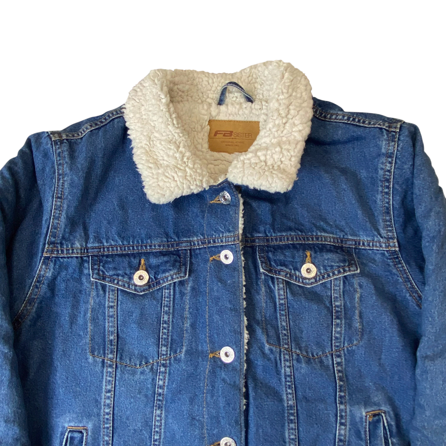 FB Sister Jean Jacket Womens Large Blue Denim Sherpa Lined Collared Button Front