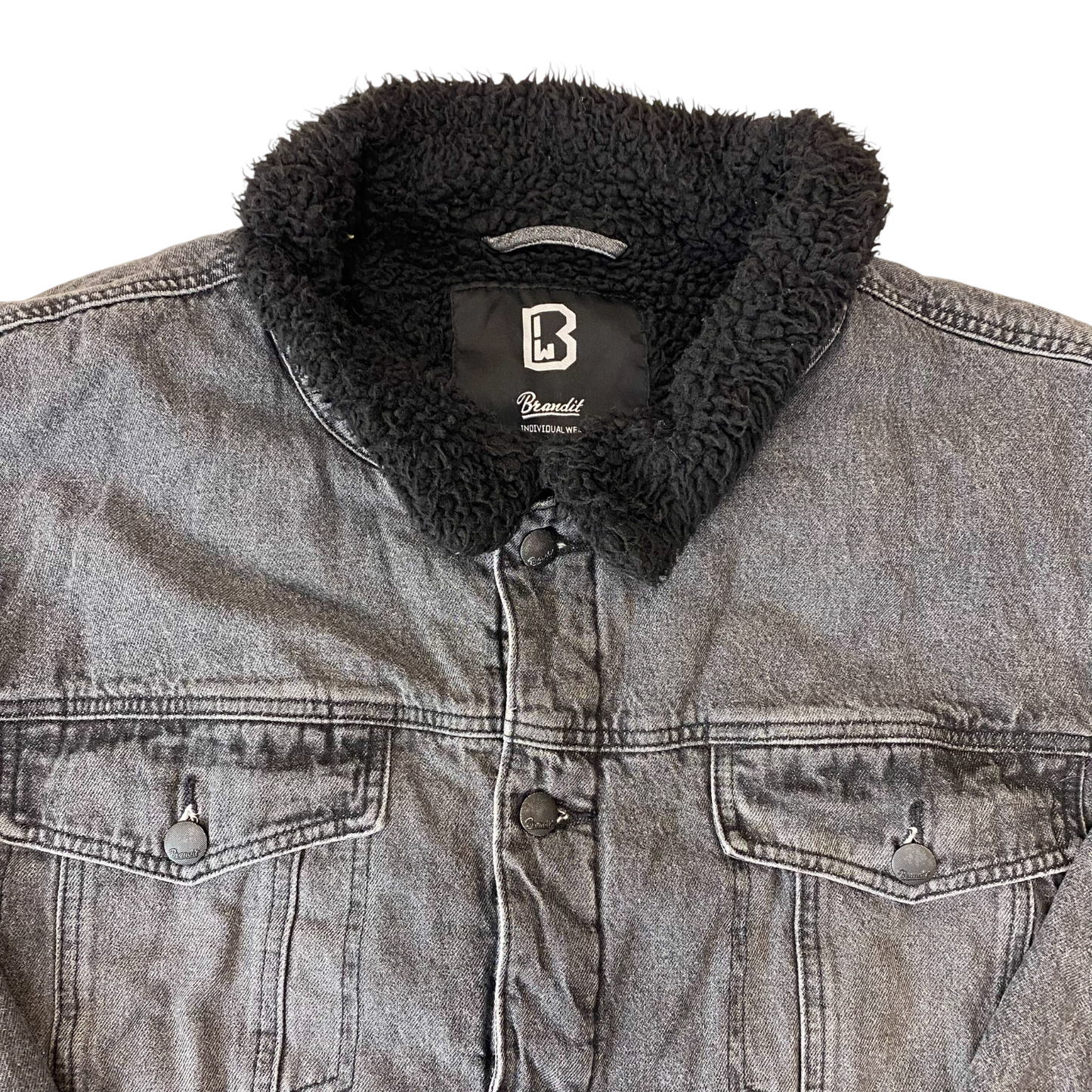 Brandit Trucker Jacket Mens L Grey Denim Sherpa Lined Individual Wear Button-Up