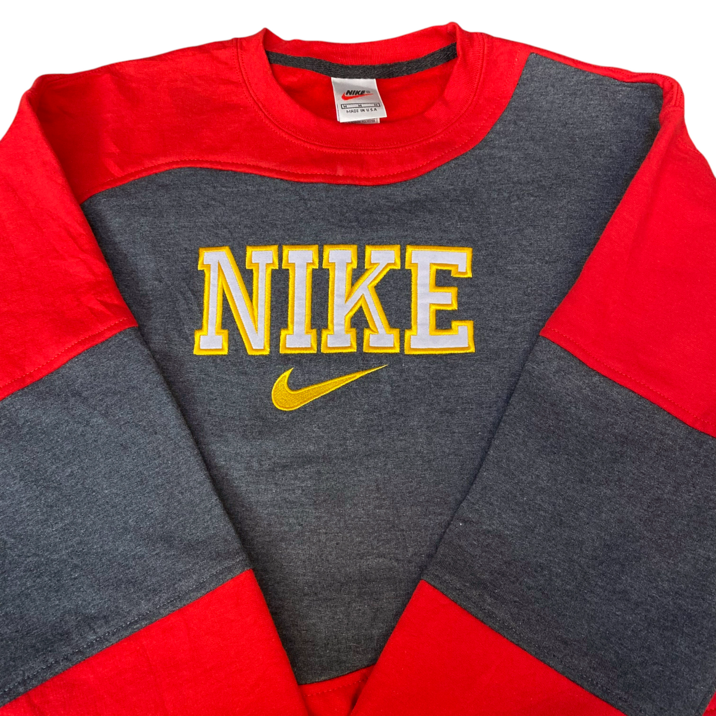 Nike Reworked Sweatshirt Mens M Red Grey Embroidered Spellout Logo Vintage Y2K