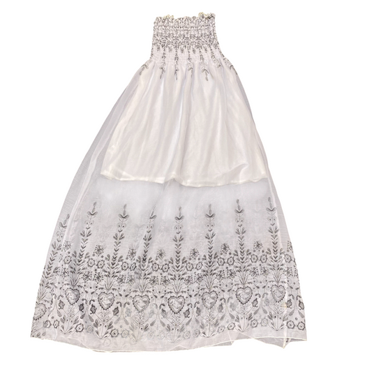 Womens Long Maxi Dress S White Floral Lined Beaded Sheer Smocked Spaghetti Strap
