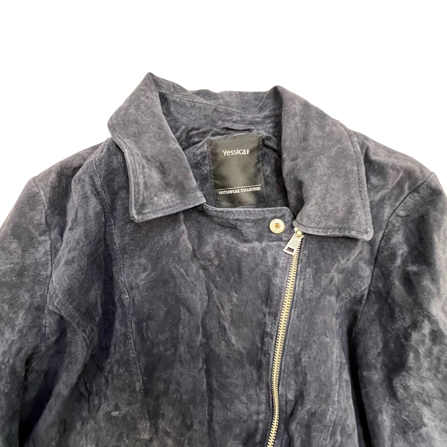 Yessica C&A Suede Leather Biker Jacket Womens M Navy Collared Asymmetrical Zip