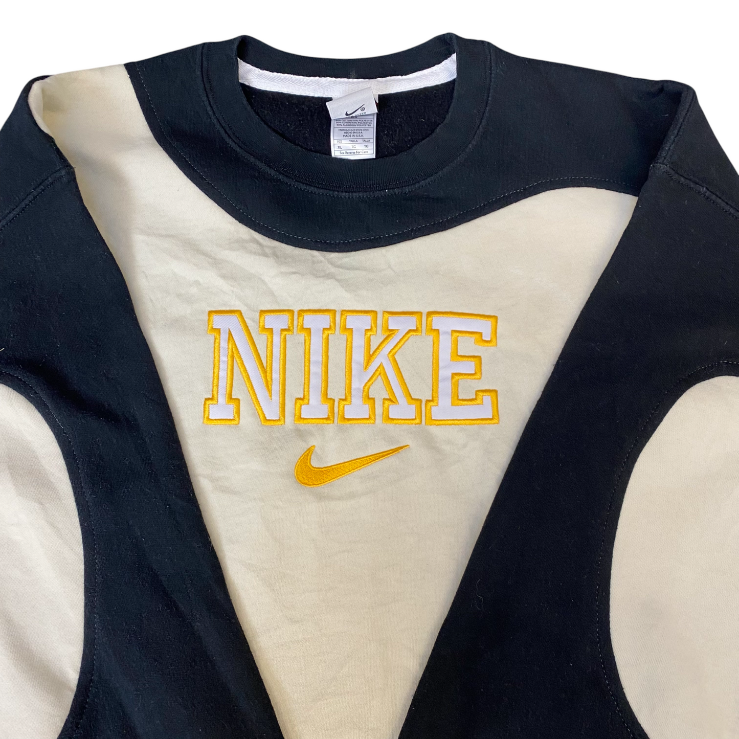 Nike Reworked Sweatshirt Mens XL Cream Black Embroidered Spellout Logo Vtg Y2K