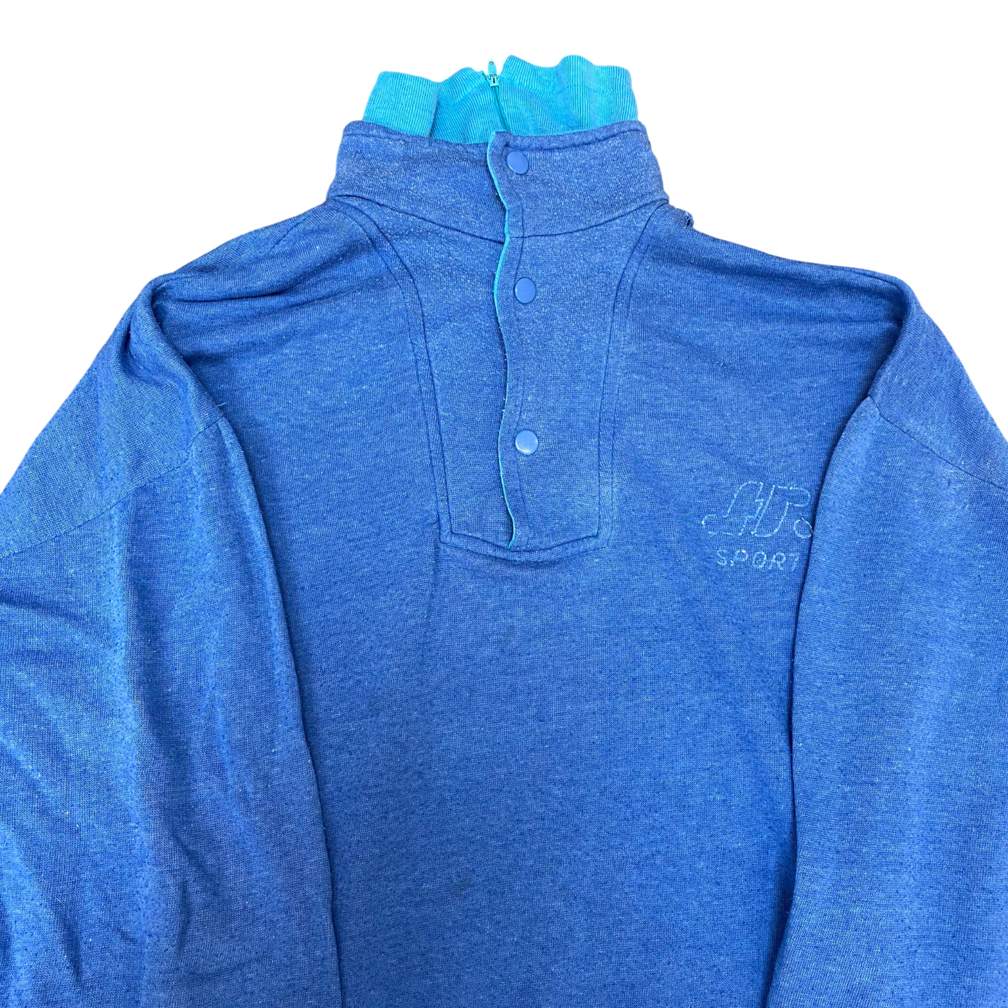 Jumper Mens Medium Blue Long Raglan Sleeve High Neck 1/4 Buttons Pullover