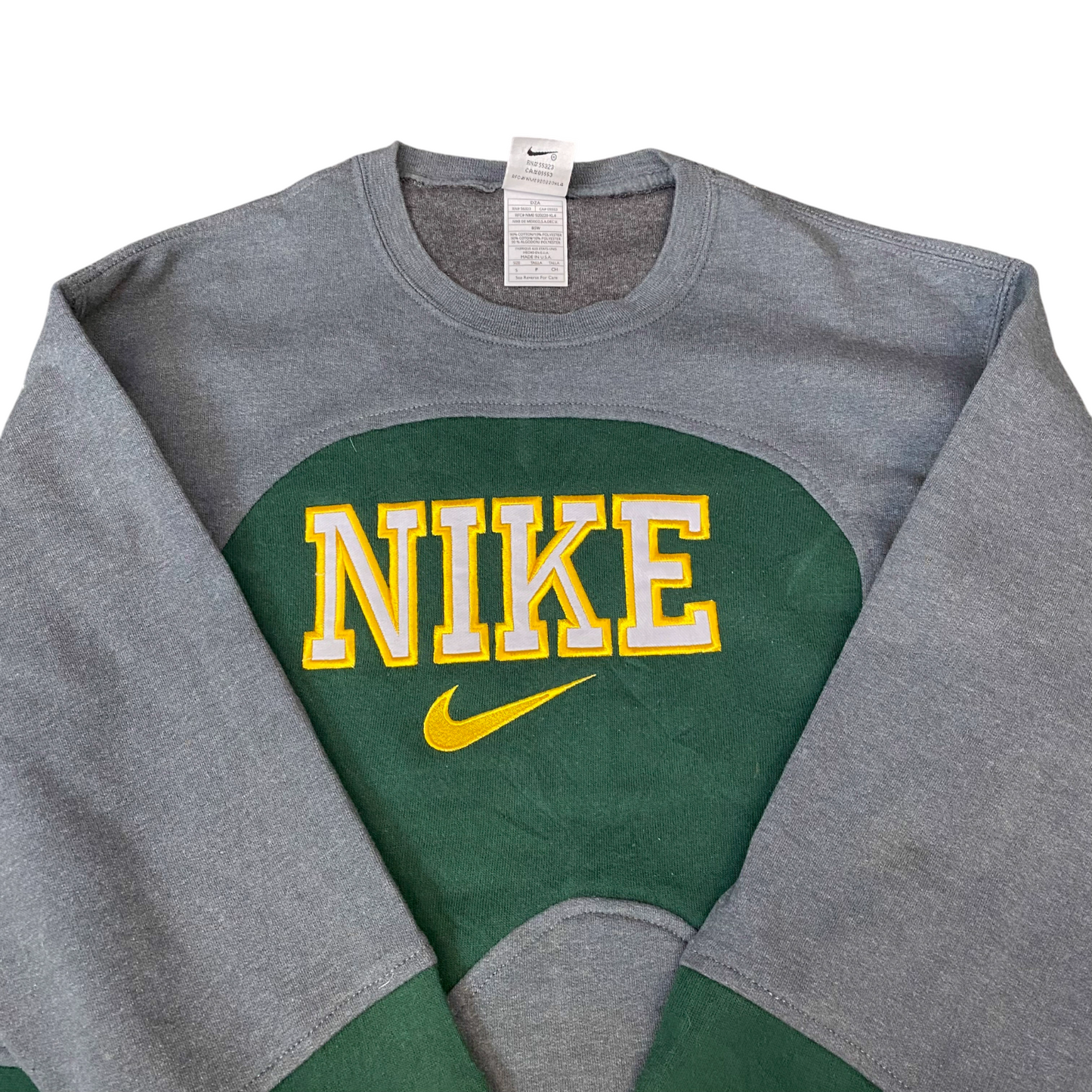 Nike Reworked Sweatshirt Mens S Green Grey Embroidered Spellout Logo Vintage Y2K