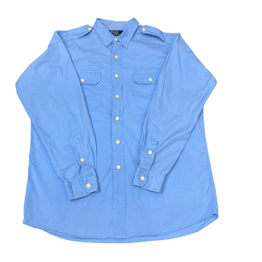 Polo Ralph Lauren Shirt Mens L Blue Chest Pockets Long Sleeve Button Down