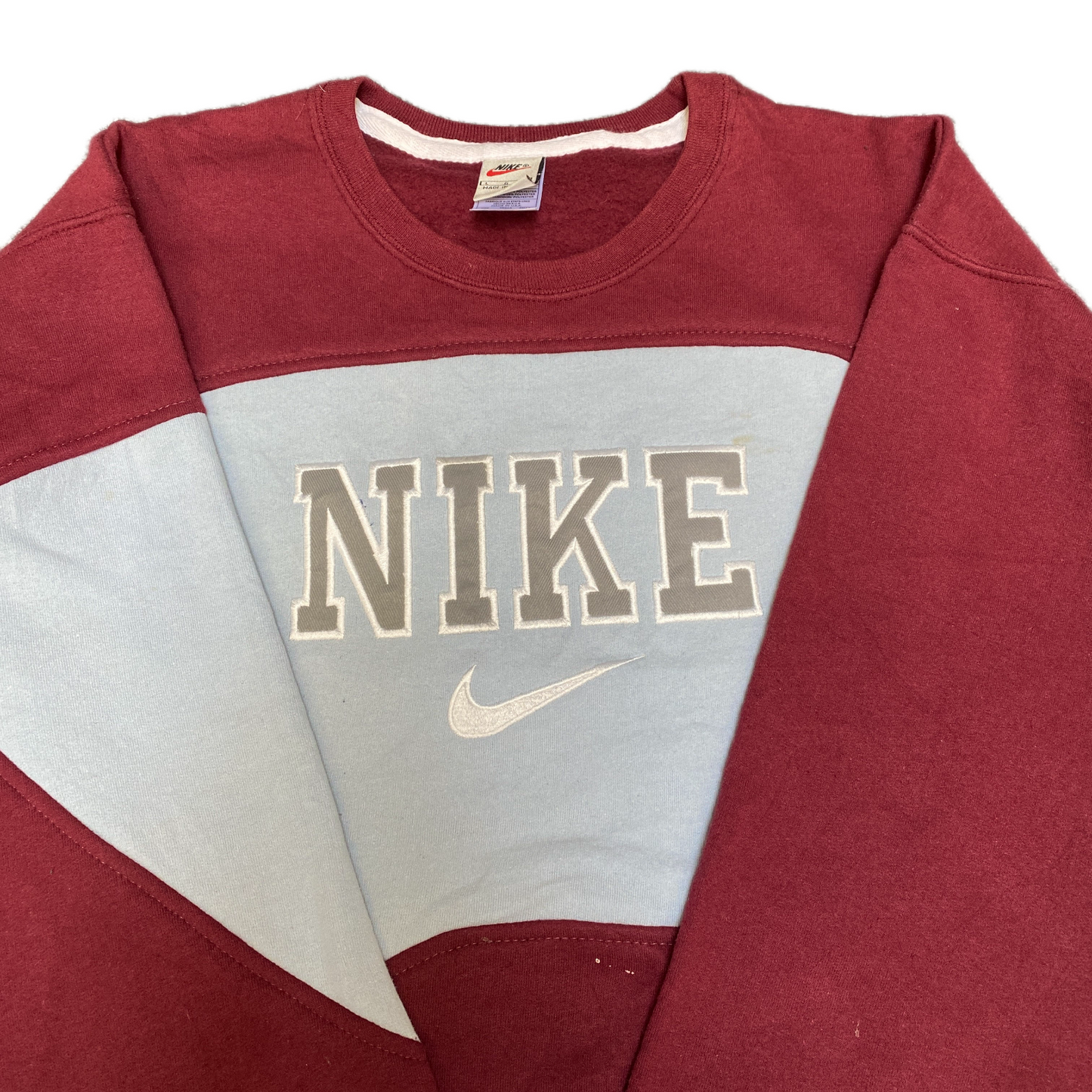 Nike Reworked Sweatshirt Men L Maroon Blue Embroidered Spellout Logo Vintage Y2K