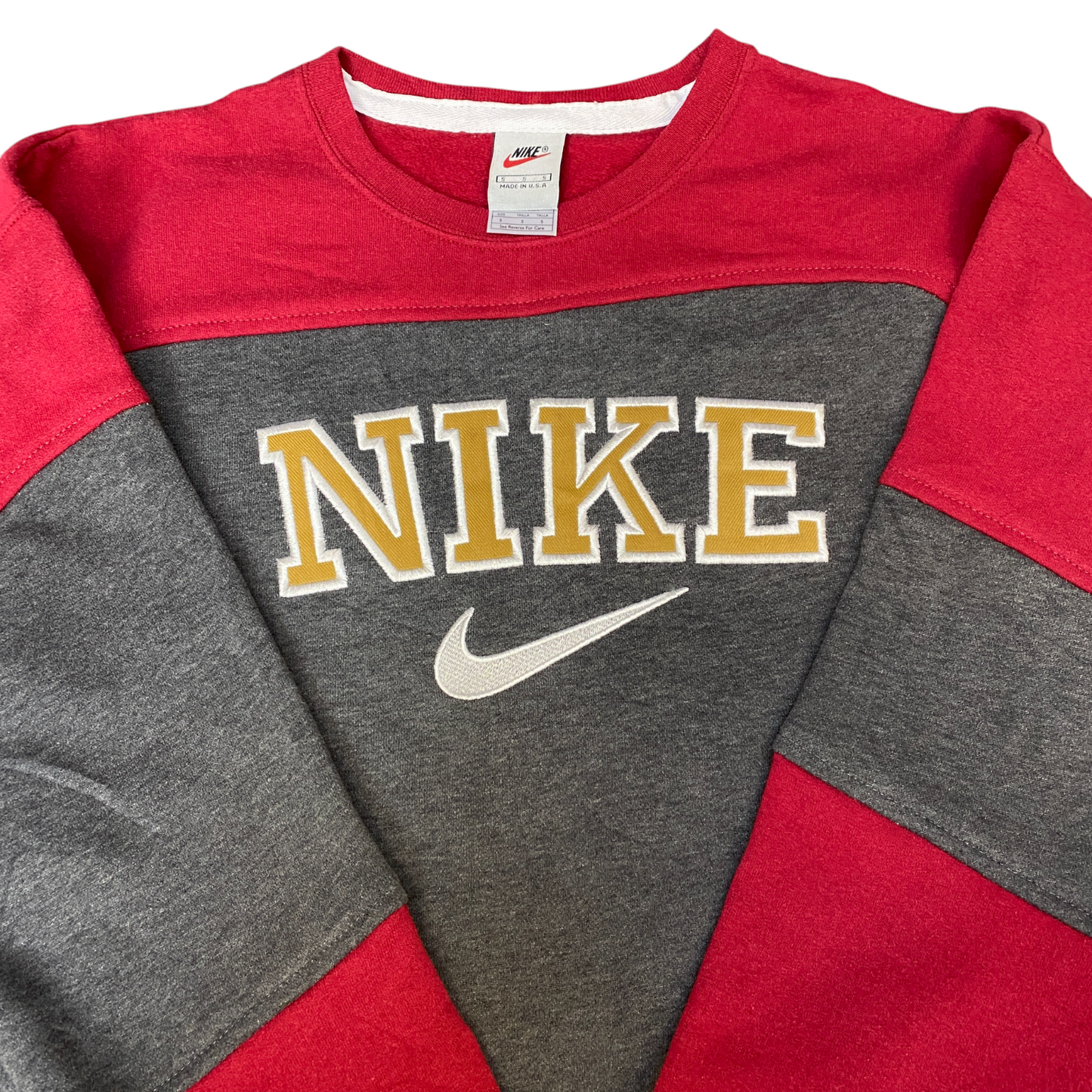 Nike Reworked Sweatshirt Mens Small Red Grey Embroidered Spellout Logo Vtg Y2K