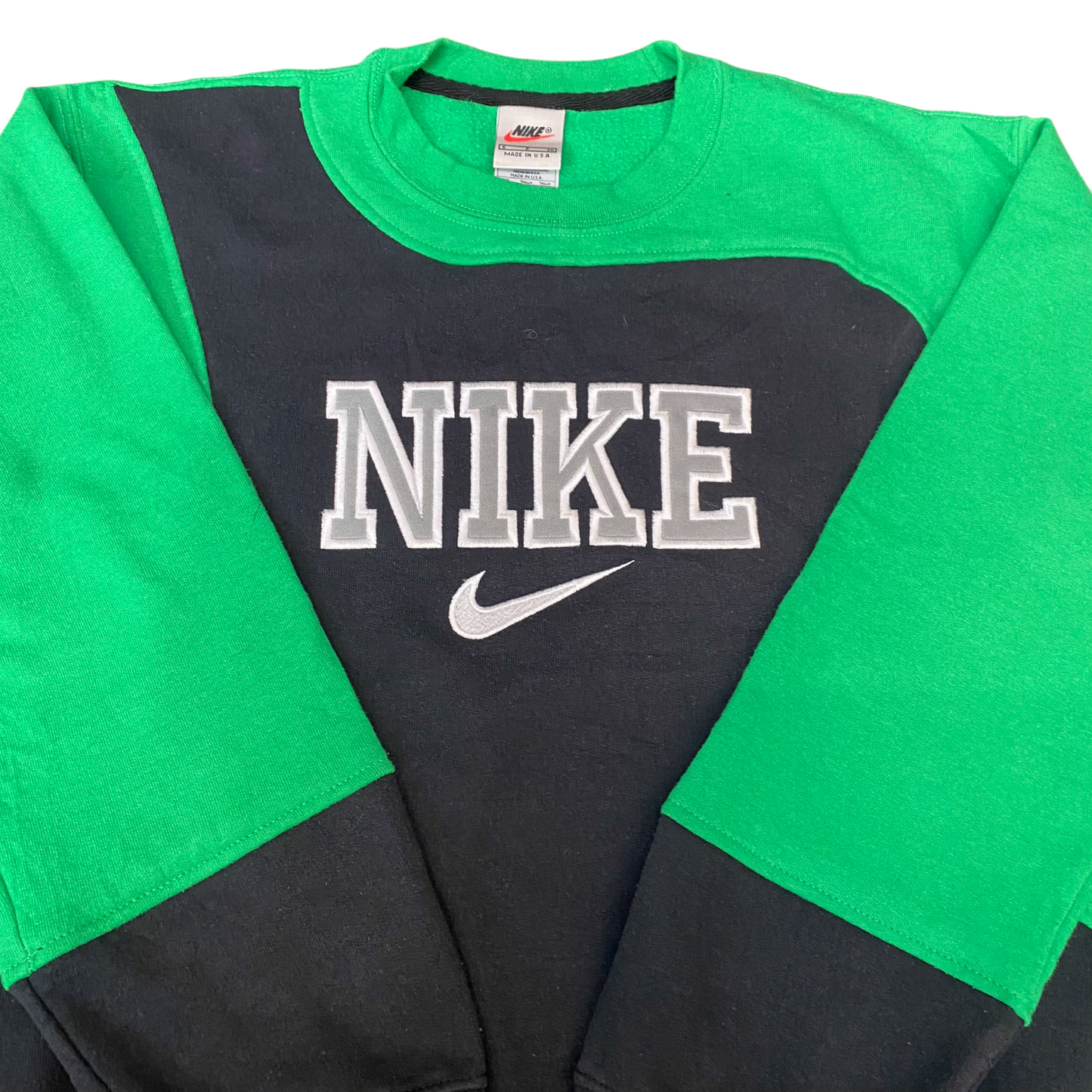 Nike Reworked Sweatshirt Mens S Green Black Embroidered Spellout Logo Vtg Y2K