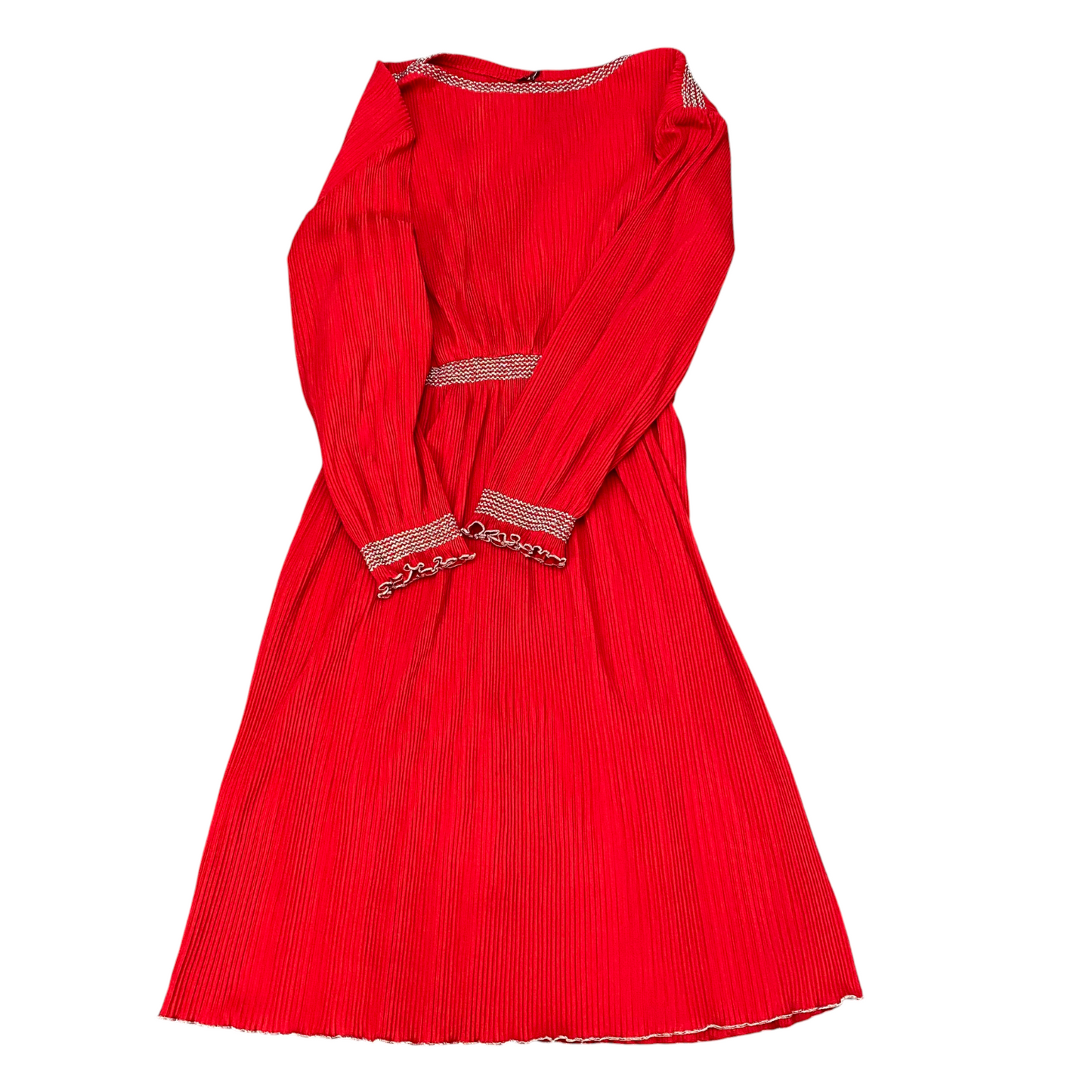 Womens Maxi Dress M Red Solid Ribbed Pleated Lace Trim Casual Boat Neck Pullover