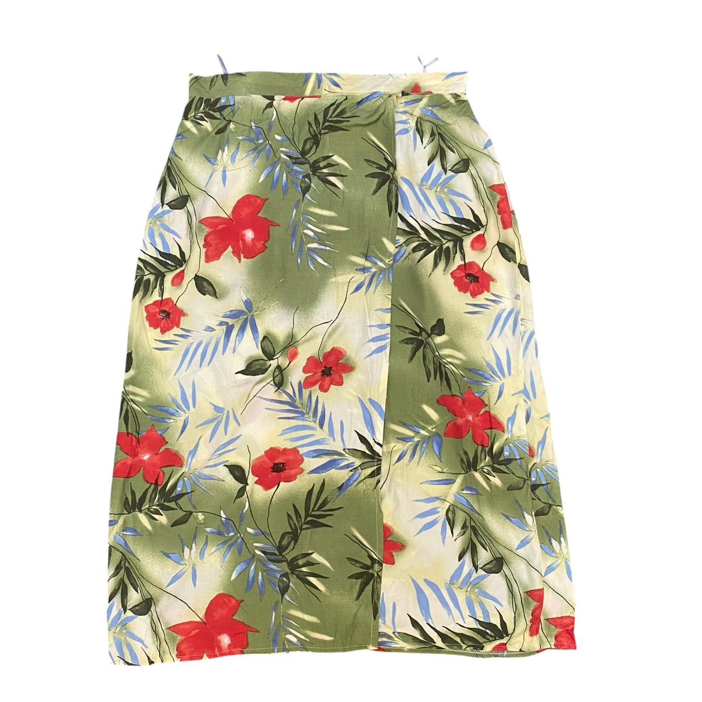 Wrap Skirt Womens L Green Floral Midi Elastic Waist Casual Outdoor Pull-On