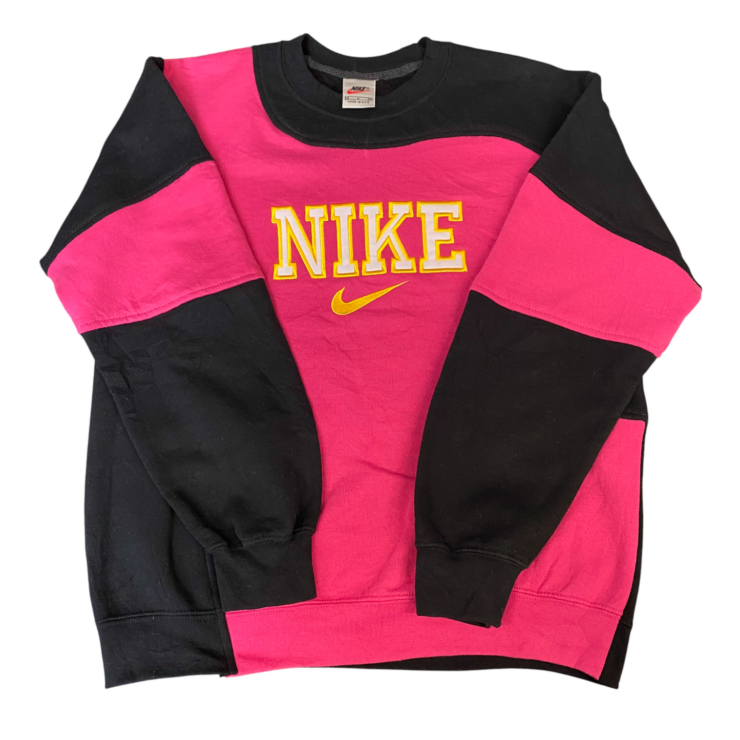 Nike Reworked Sweatshirt Mens M Black Pink Embroidered Spellout Logo Vintage Y2K