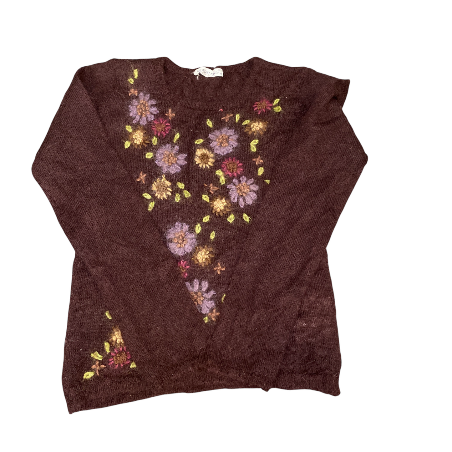 North King Jumper Womens Medium Brown Floral Embroidery Long Sleeve Pullover