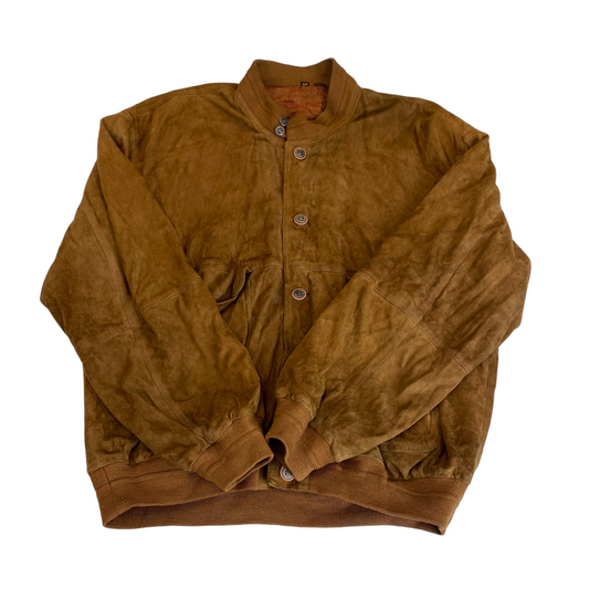 Bomber Jacket Mens L Brown Suede Leather Flap Pockets Long Sleeve Full Zipper