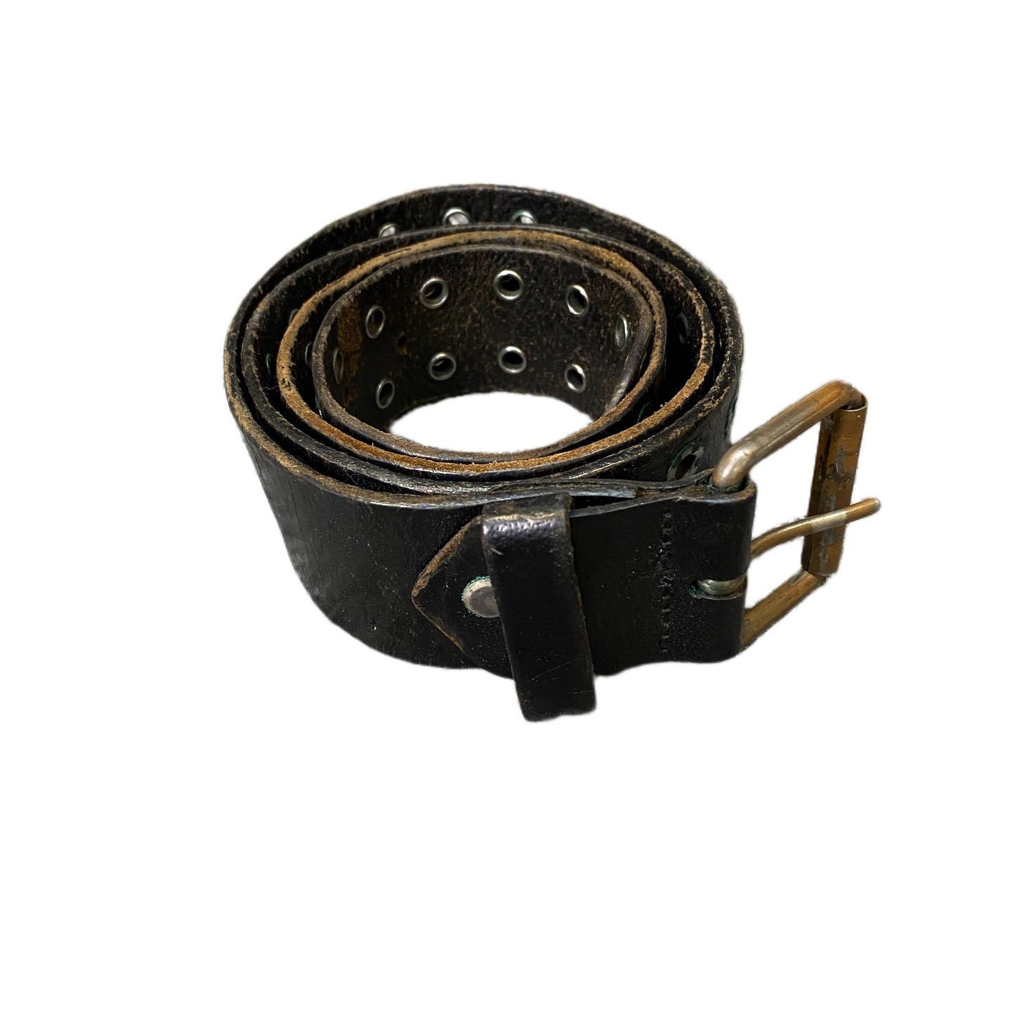 Waist Belt Men Black Leather Double Rows Eyelets Brass Buckle 42 Inches