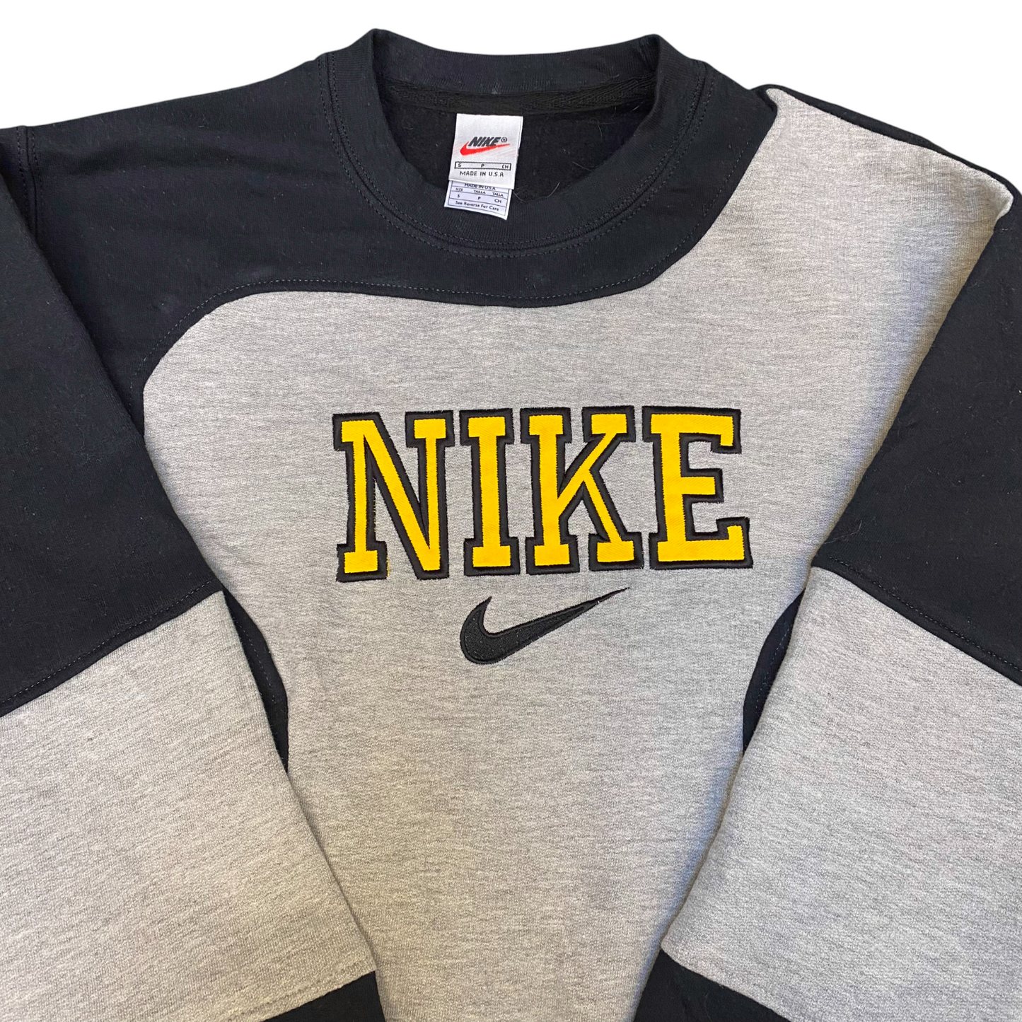 Nike Reworked Sweatshirt Mens Small Grey Black Embroidered Spellout Logo Vtg Y2K