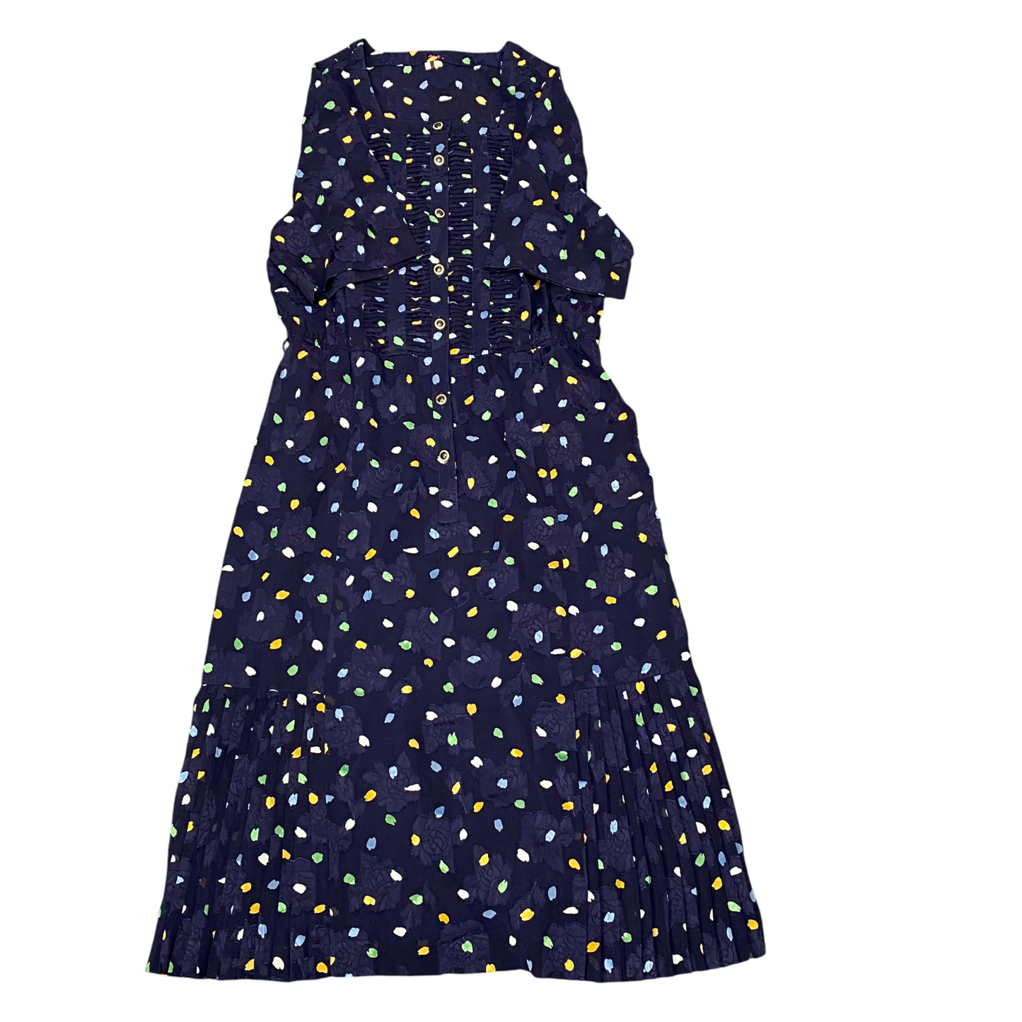 Womens Maxi Dress S Blue Floral Pleated Short Sleeve Square Neck Button Front