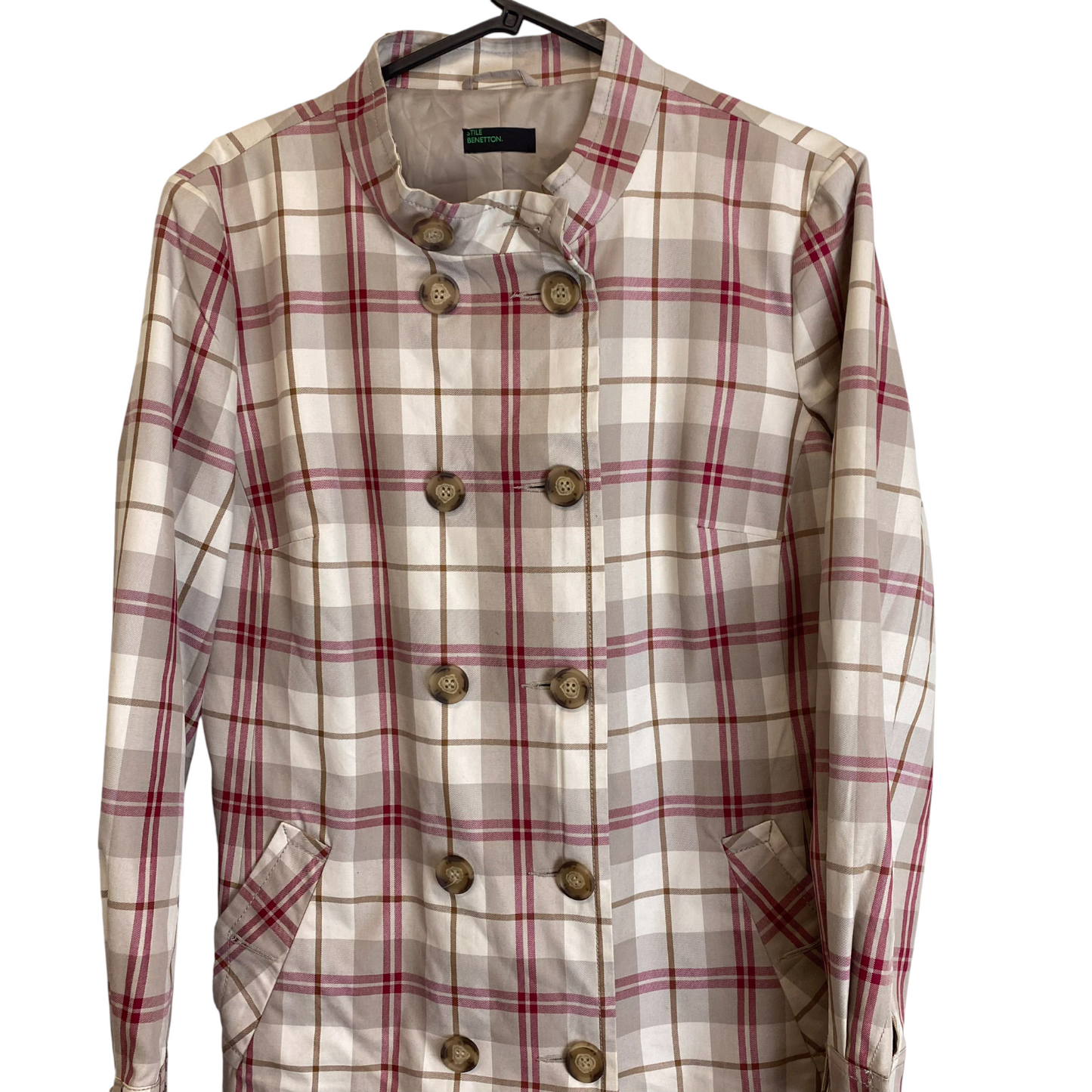Trench Coat Womens M Cream Red Plaid Pockets Long Sleeve Button Front Outdoor