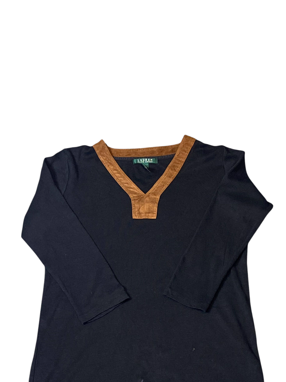Ralph Lauren Trim Top Womens Small Black Faux Suede V Neck 3/4 Sleeves Pullover