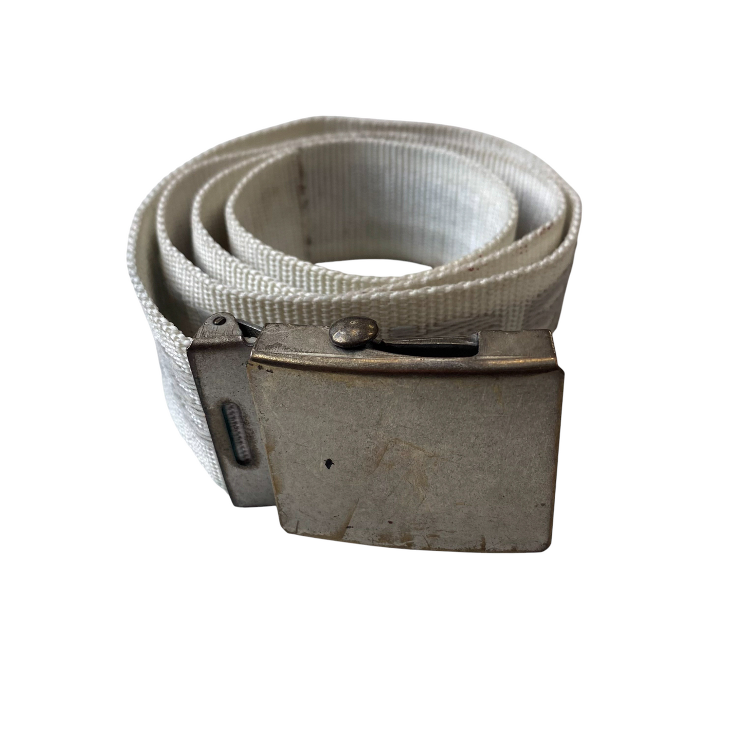 Vintage Mens Webbing Military Belt White Printed Canvas Metal Buckle Size 37 in