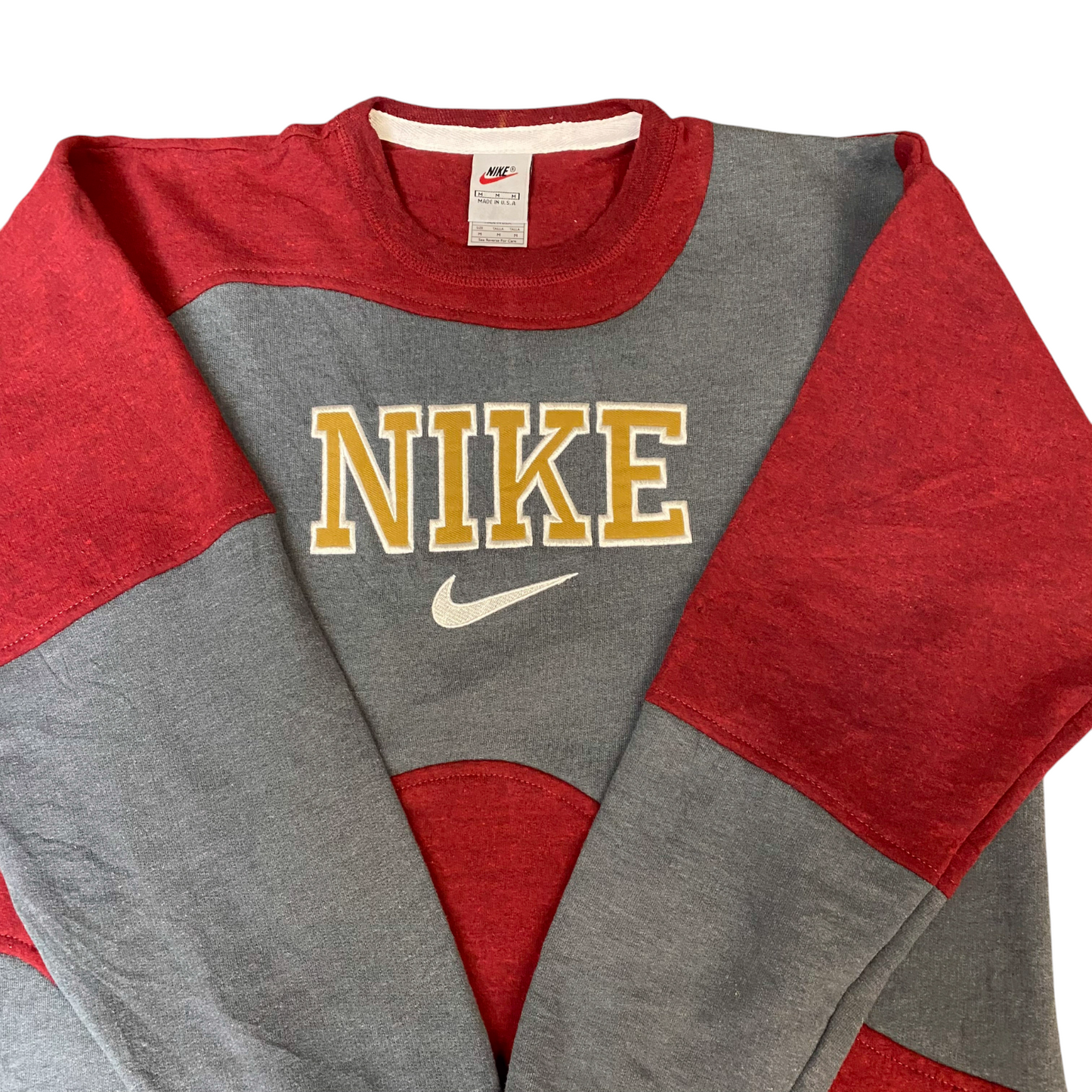 Nike Reworked Sweatshirt Mens M Red Grey Embroidered Spellout Logo Vintage Y2K