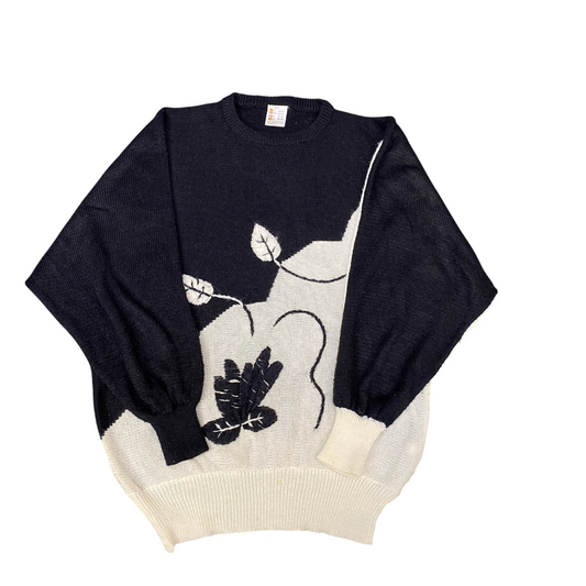 Jumper Womens Large Black White Knit Floral Crew Neck Ribbed Cuff & Hem Pullover