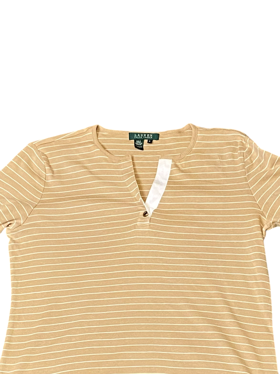 Ralph Lauren Tee Shirt Women Medium Brown Striped Roll Tab Sleeve Slit V Neck