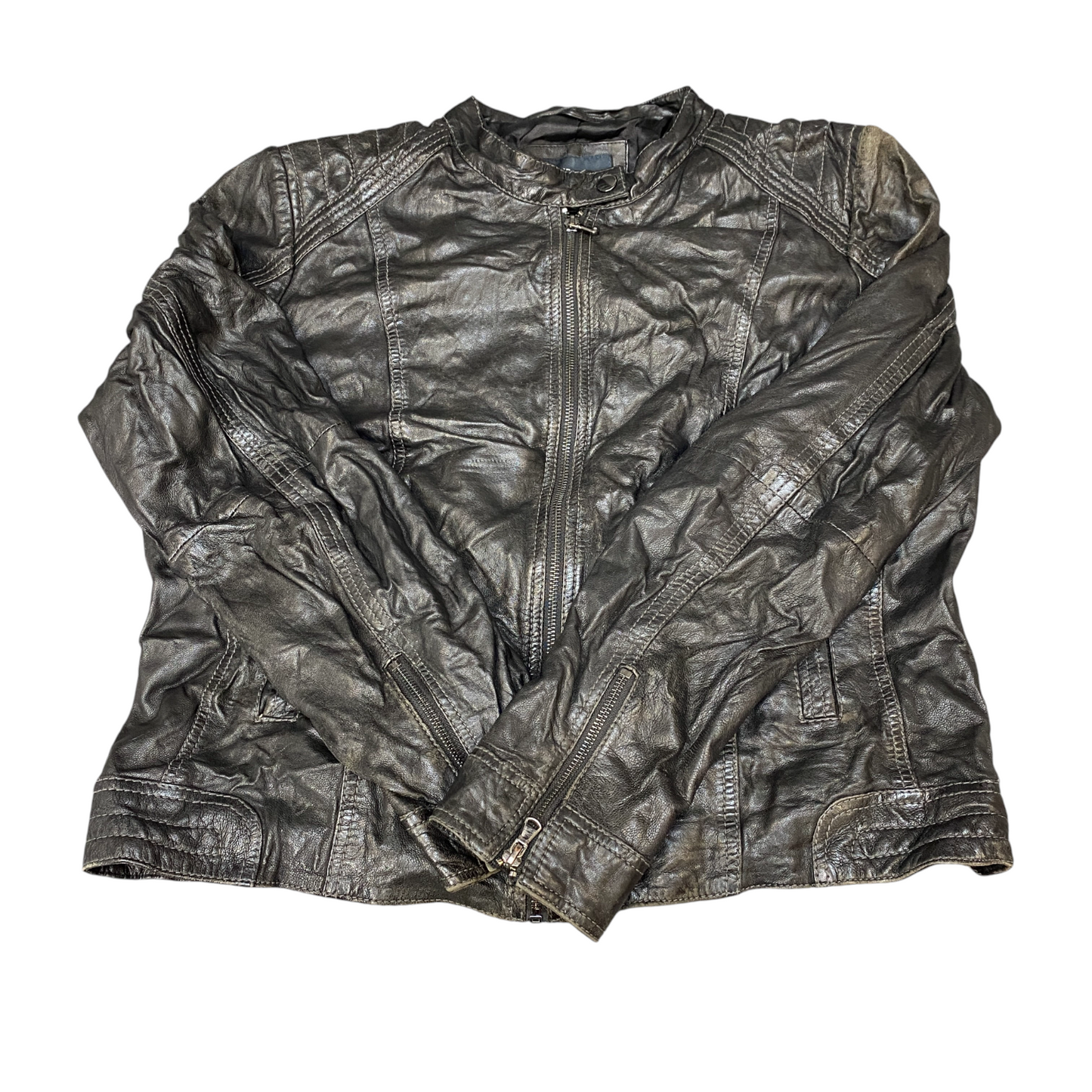 Manguun Collection Genuine Leather Biker Jacket Mens L Black Long Sleeve Zip-Up