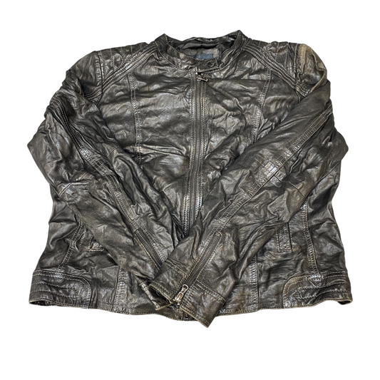 Manguun Collection Genuine Leather Biker Jacket Mens L Black Long Sleeve Zip-Up