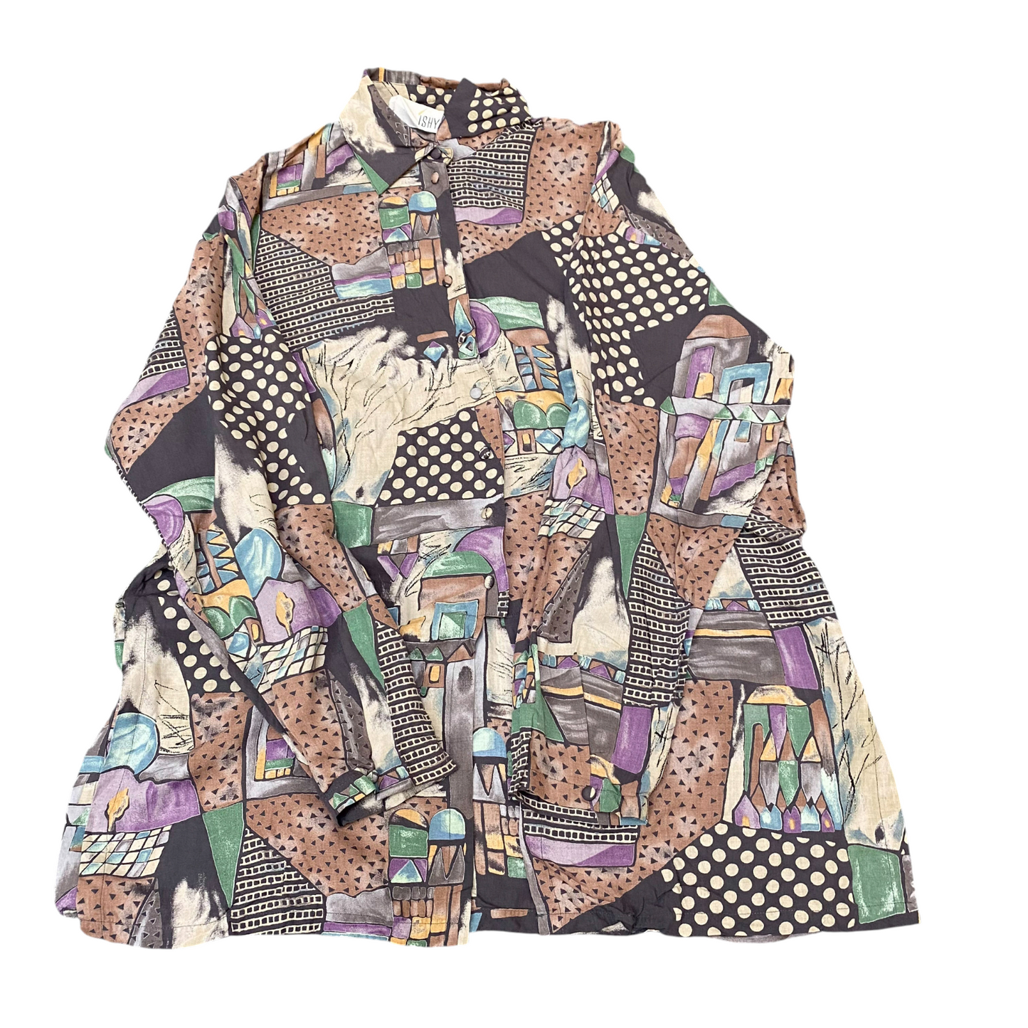 ISHYU Shirt Top Womens L Multi Graphic Print Long Sleeve Casual Button Down