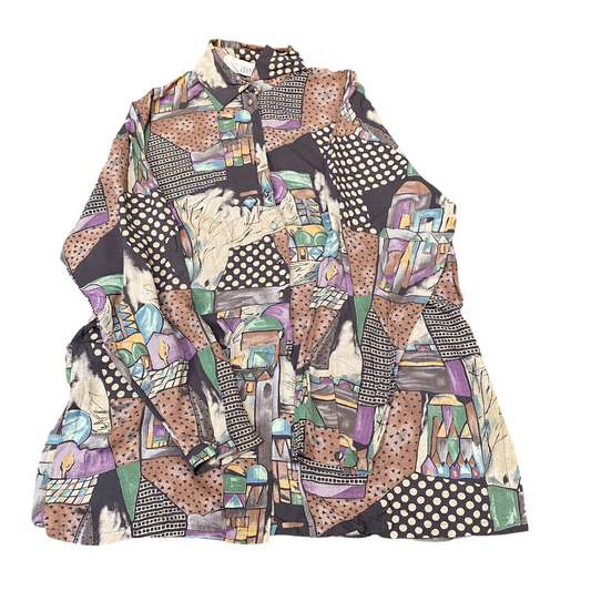 ISHYU Shirt Top Womens L Multi Graphic Print Long Sleeve Casual Button Down