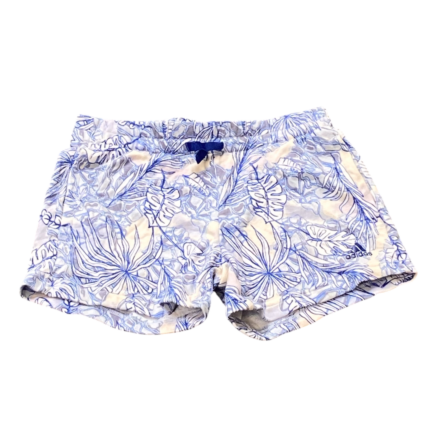 adidas Sprinter Shorts Girls 26W Blue Leaf Print 3 Stripes Panel Elastic Waist